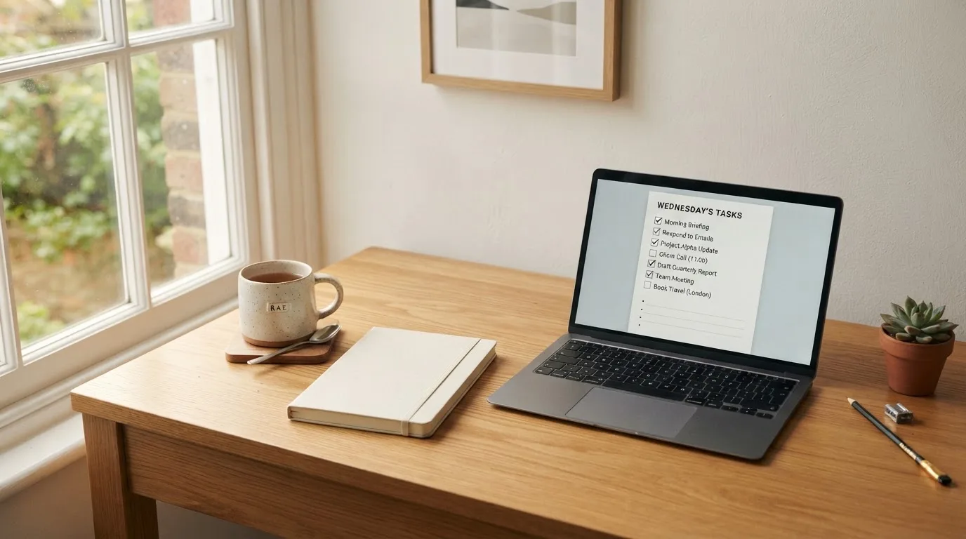 A tidy desk with a notebook, a mug of tea and a laptop open to a checklist, morning light through a window.