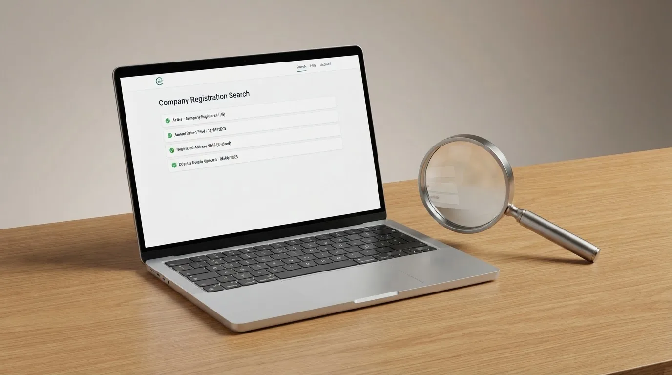 A magnifying glass rests over a printed regulatory certificate on a wooden desk.