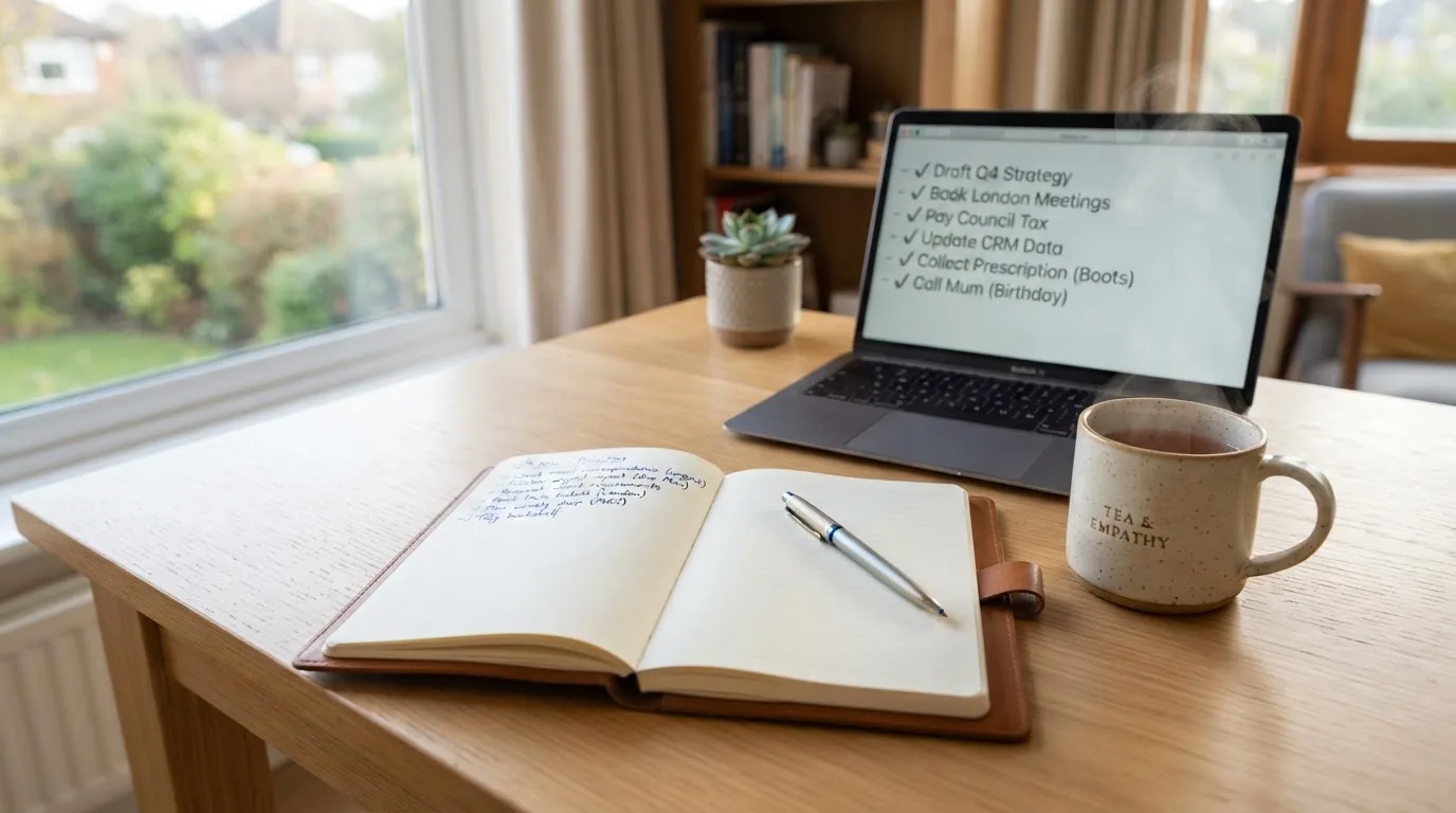 A tidy desk with a notebook, a mug of tea and a laptop open to a checklist, morning light through a window.