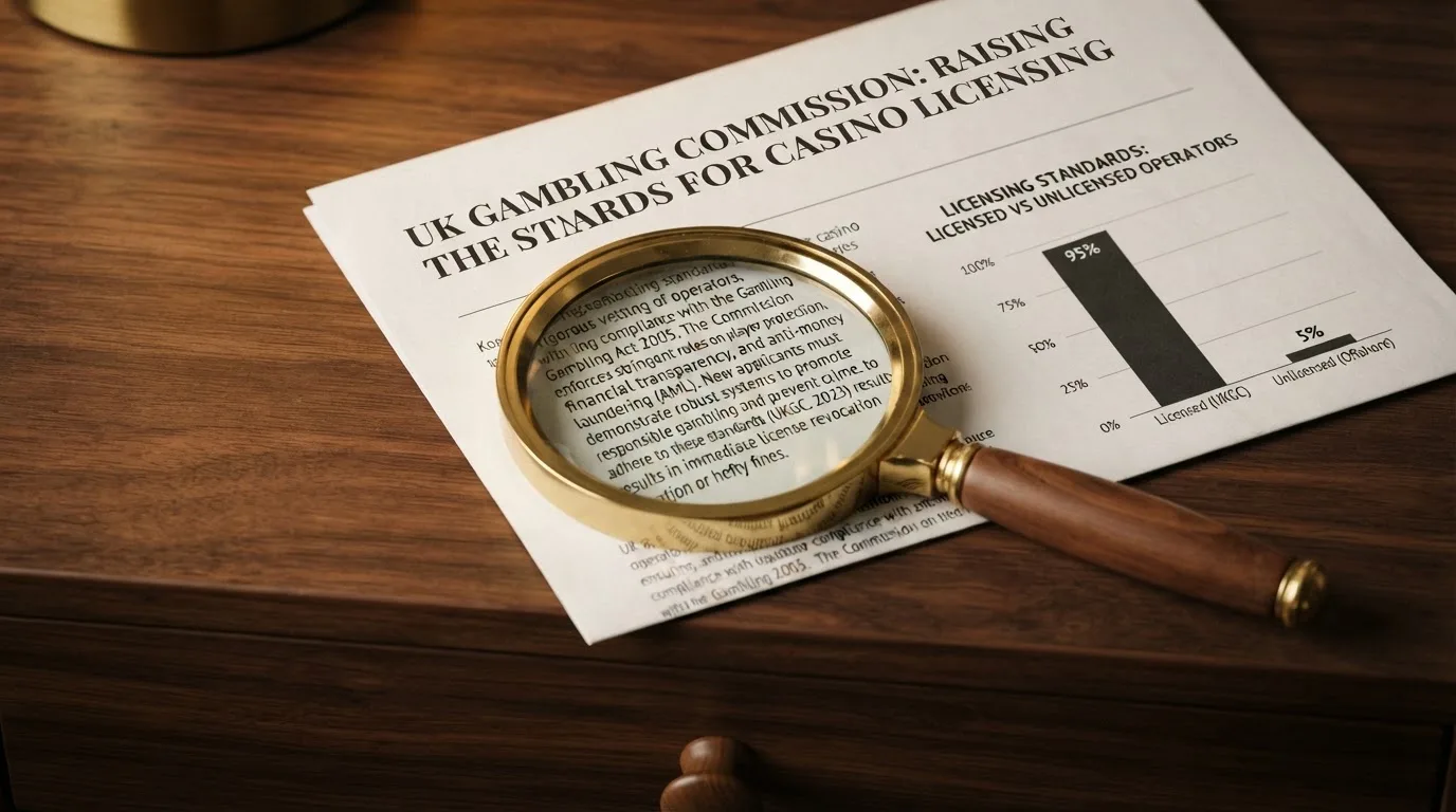 A magnifying glass rests over a printed regulatory certificate on a wooden desk.