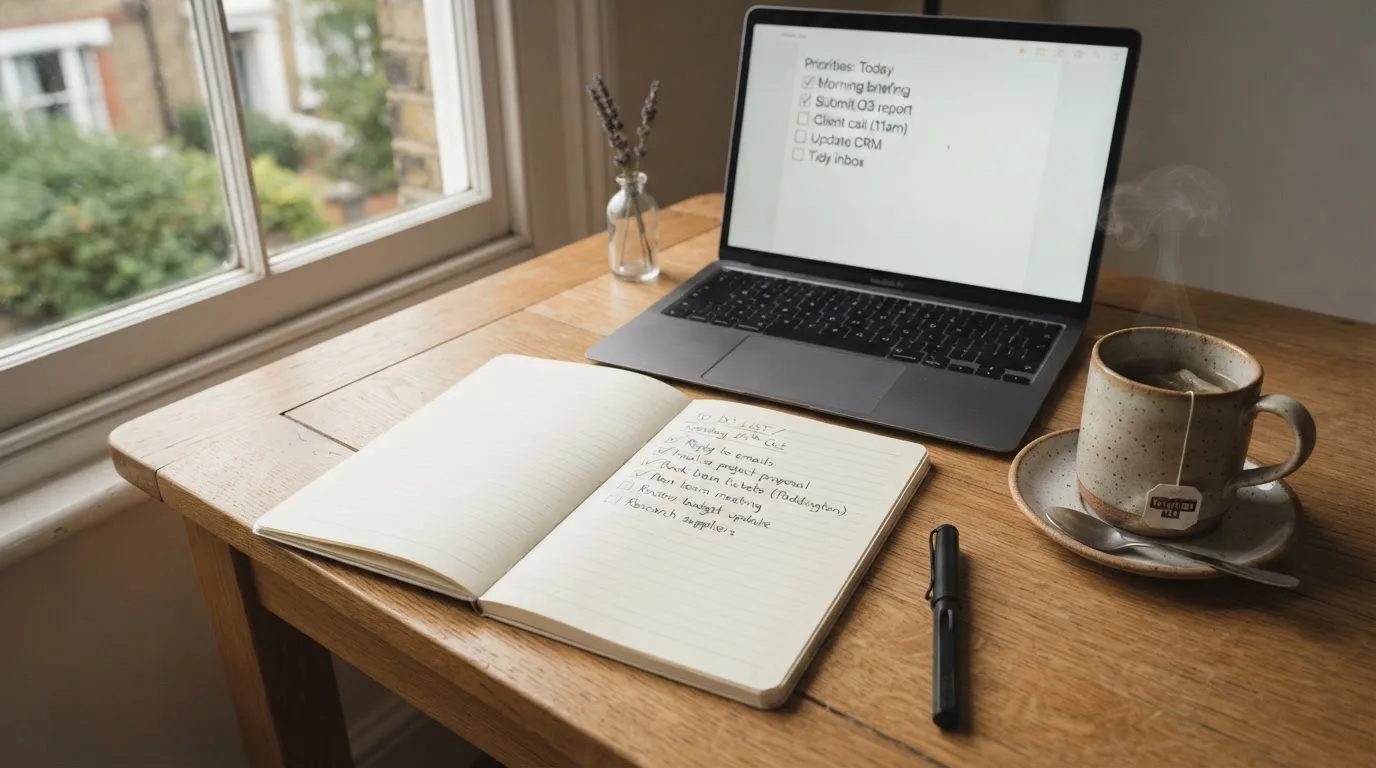 A tidy desk with a notebook, a mug of tea and a laptop open to a checklist, morning light through a window.