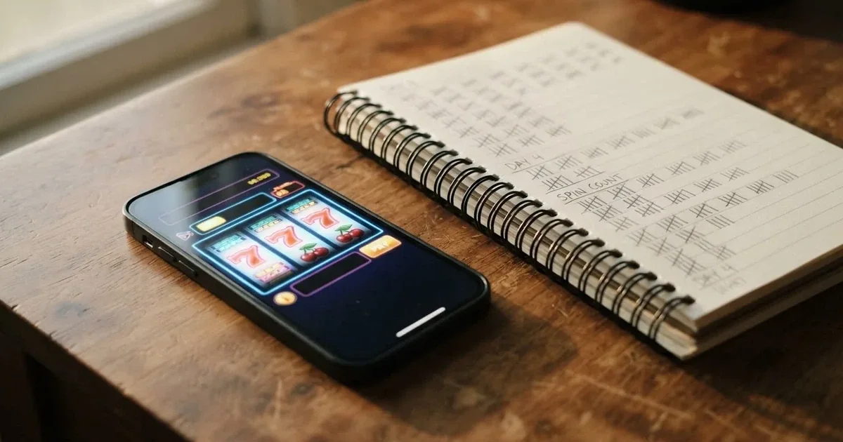 A notepad with a tally of spin counts rests beside a smartphone displaying a slot-reel icon on a desk.