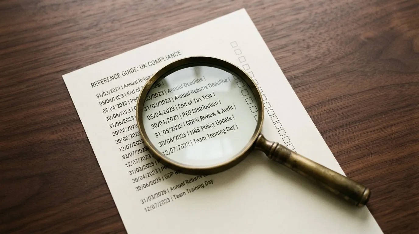 A magnifying glass rests over a printed regulatory certificate on a wooden desk.