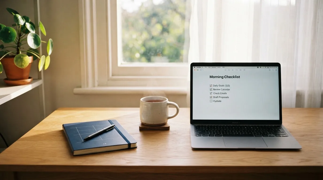 A tidy desk with a notebook, a mug of tea and a laptop open to a checklist, morning light through a window.