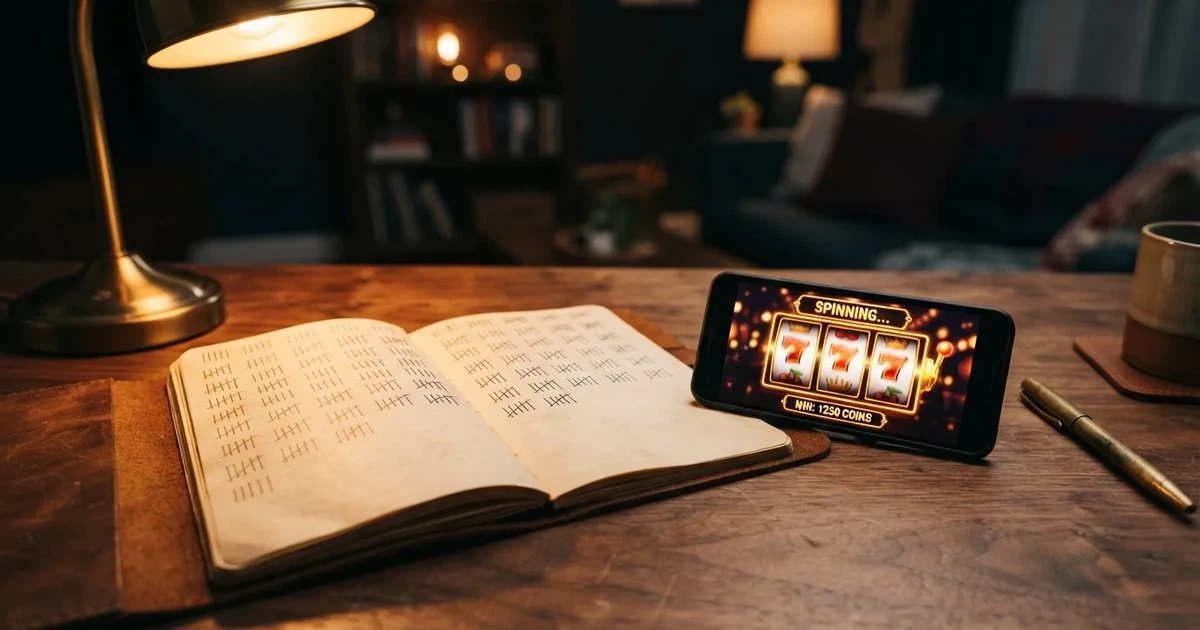A notepad with a tally of spin counts rests beside a smartphone displaying a slot-reel icon on a desk.