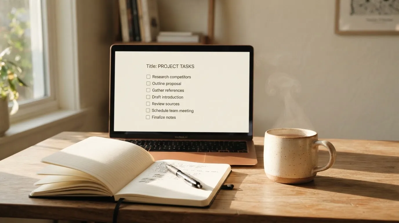 A tidy desk with a notebook, a mug of tea and a laptop open to a checklist, morning light through a window.