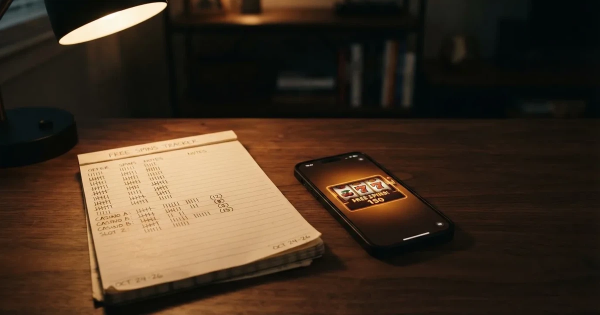 A notepad with a tally of spin counts rests beside a smartphone displaying a slot-reel icon on a desk.