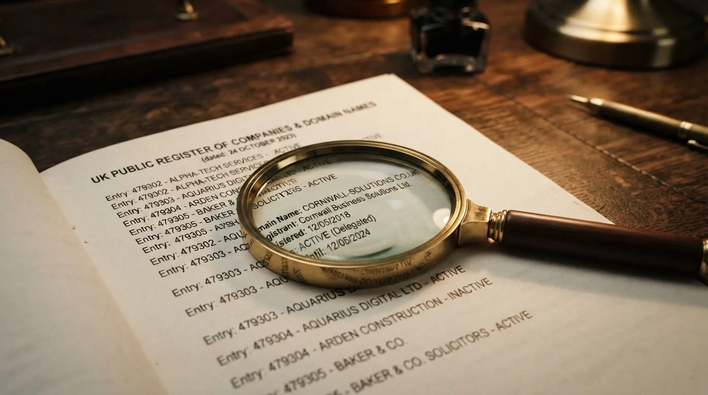 A magnifying glass rests over a printed regulatory certificate on a wooden desk.