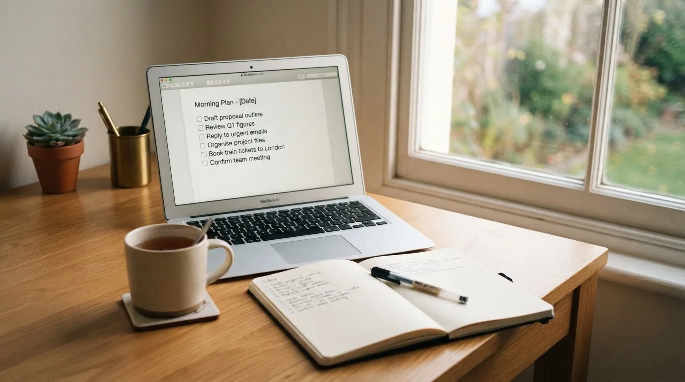 A tidy desk with a notebook, a mug of tea and a laptop open to a checklist, morning light through a window.