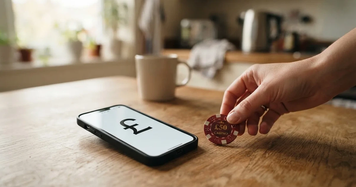 A hand places a £2 coin next to a smartphone showing a bank transfer confirmation screen on a kitchen table.