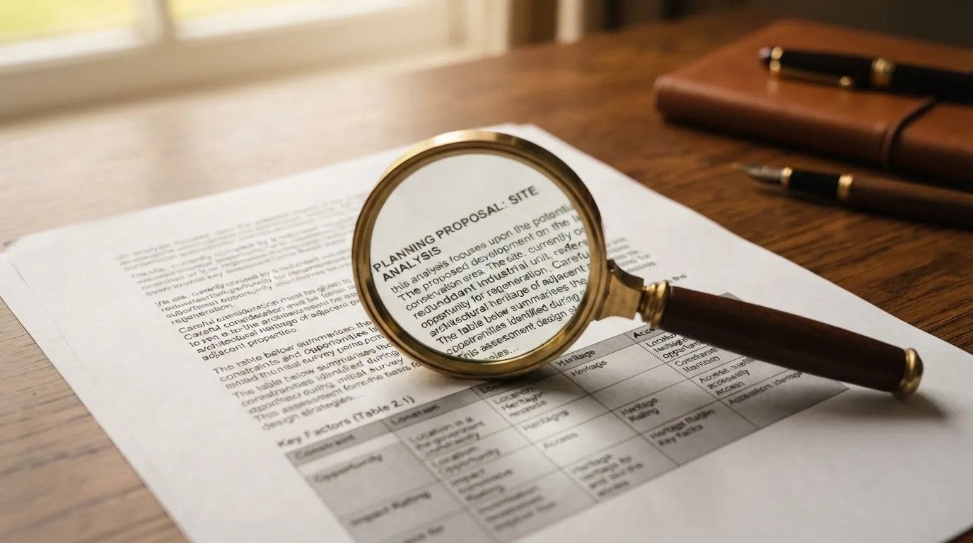 A magnifying glass rests over a printed regulatory certificate on a wooden desk.