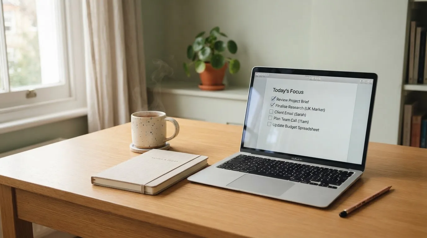 A tidy desk with a notebook, a mug of tea and a laptop open to a checklist, morning light through a window.