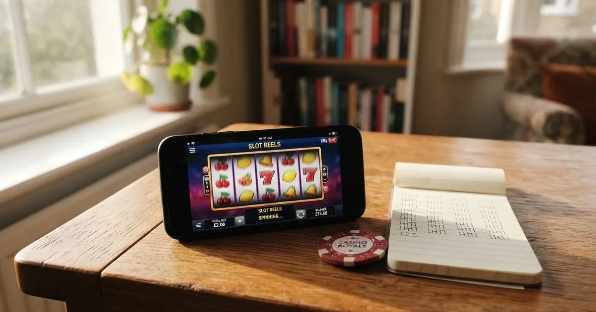 A notepad with a tally of spin counts rests beside a smartphone displaying a slot-reel icon on a desk.