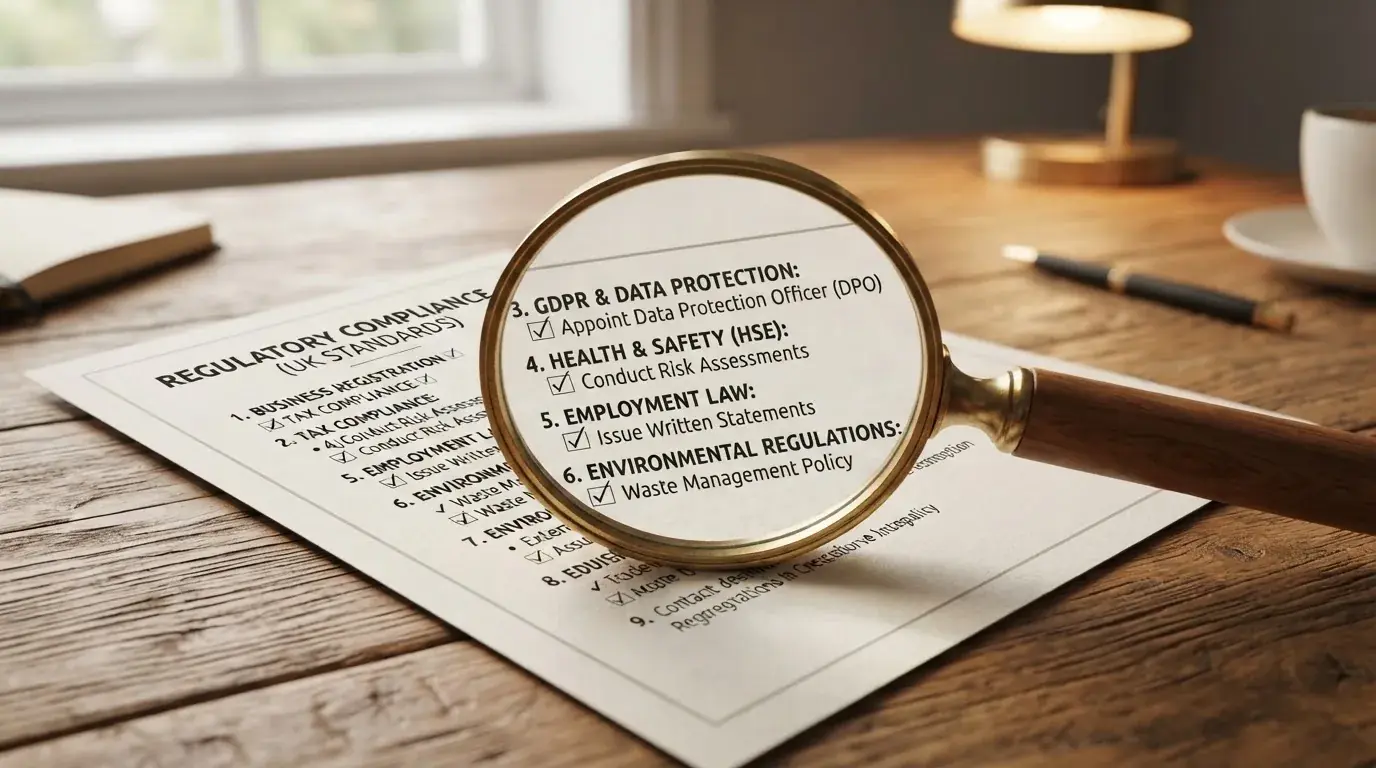A magnifying glass rests over a printed regulatory certificate on a wooden desk.