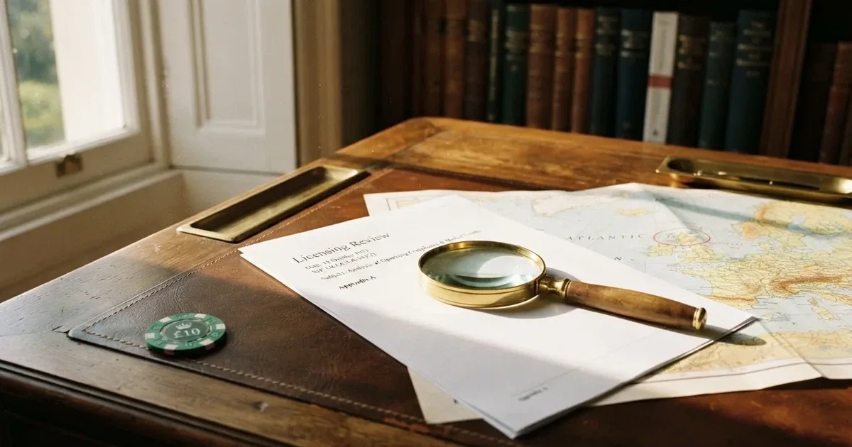 A magnifying glass rests over a printed offshore licence certificate on a wooden desk.