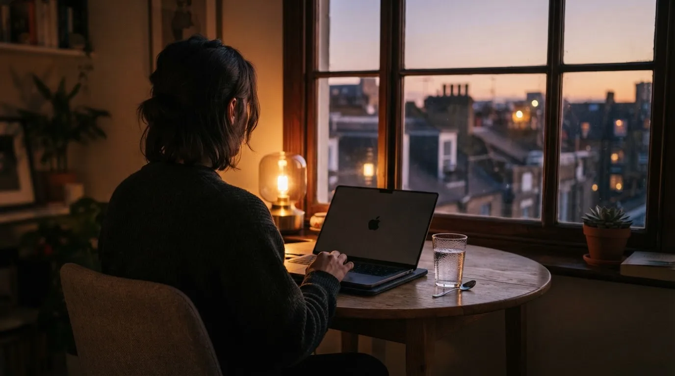 A person closes a laptop and looks out of a window at dusk, a glass of water on the table beside them.