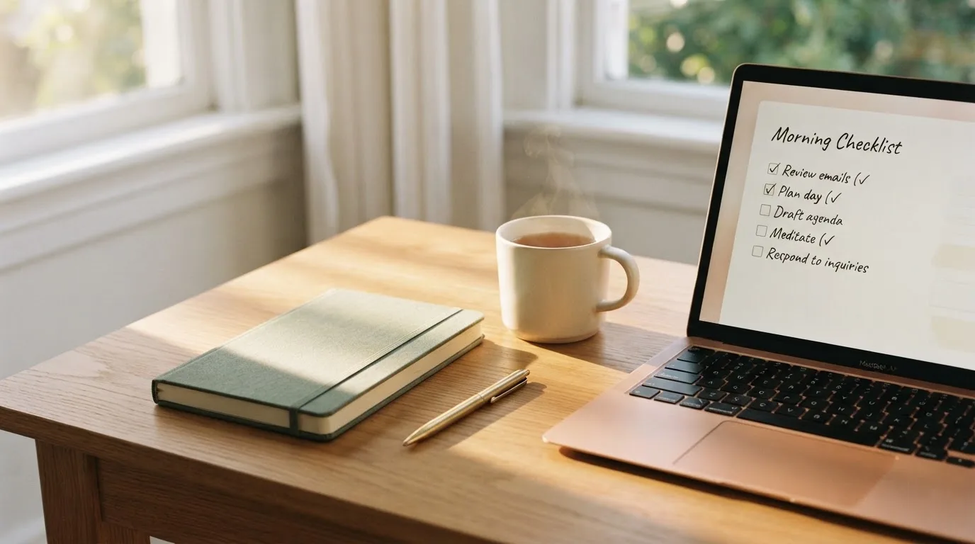 A tidy desk with a notebook, a mug of tea and a laptop open to a checklist, morning light through a window.