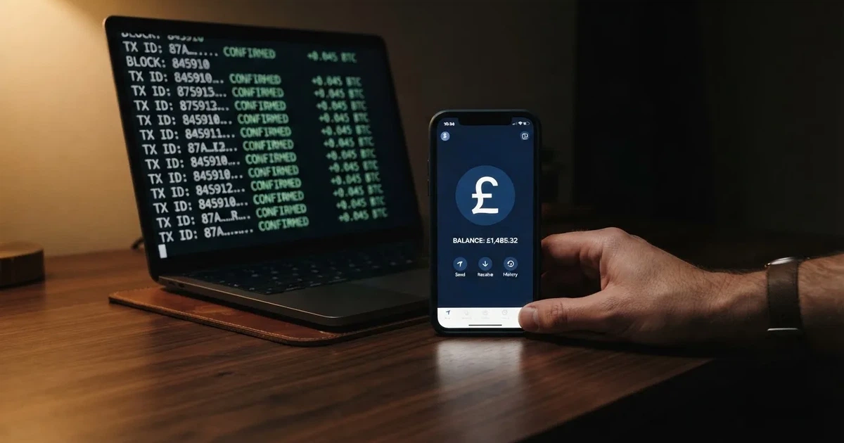A smartphone displays a digital wallet balance next to a laptop showing scrolling transaction data in a dim room.