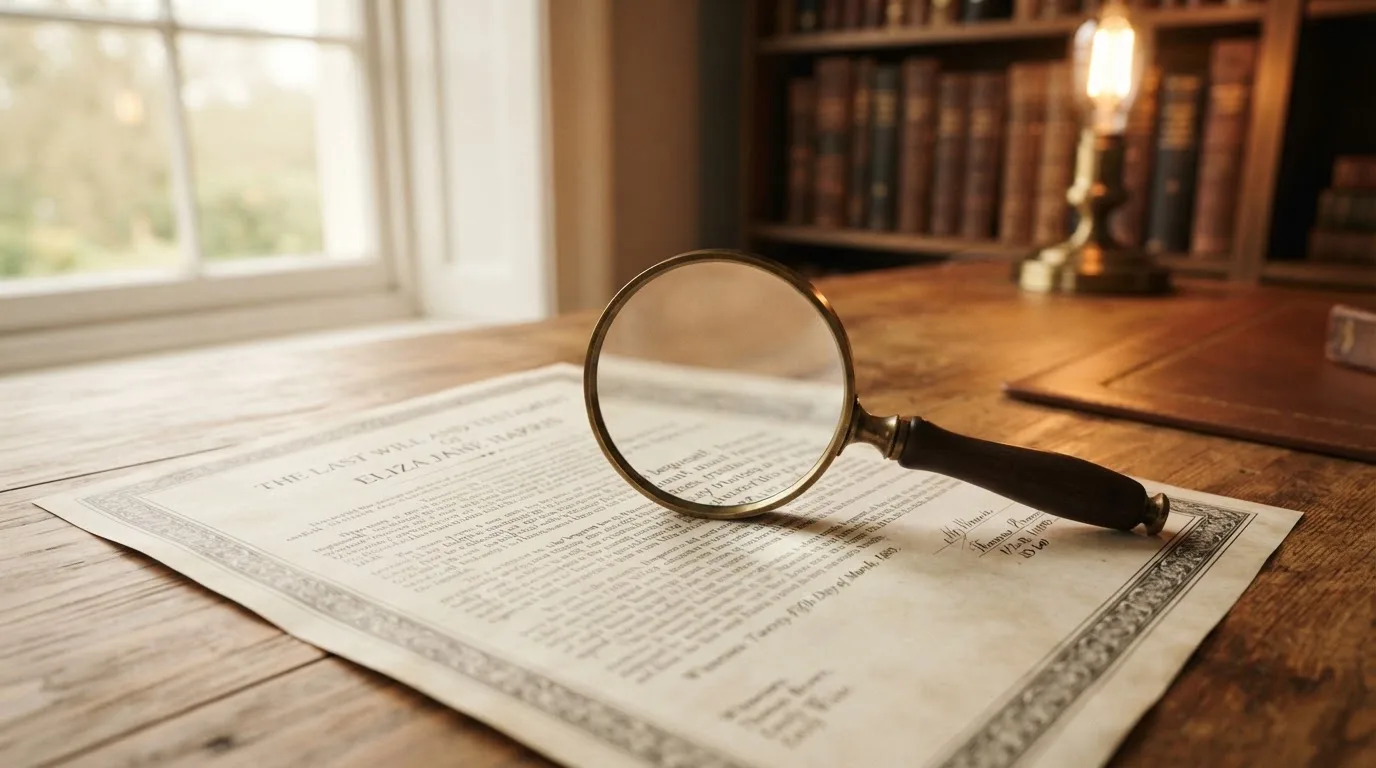 A magnifying glass rests over a printed regulatory certificate on a wooden desk.