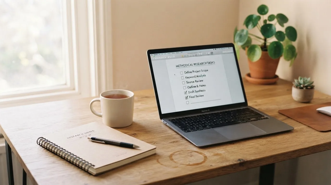 A tidy desk with a notebook, a mug of tea and a laptop open to a checklist, morning light through a window.