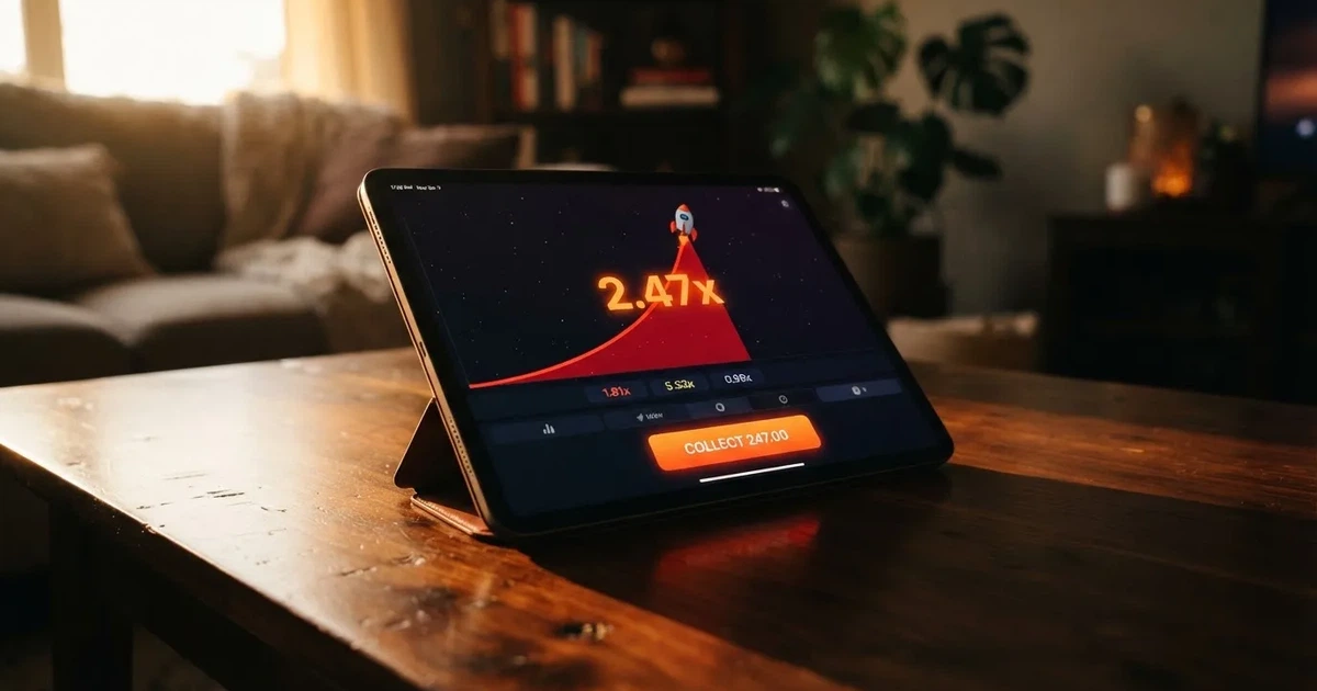 A tablet screen shows a rising flight-path line graph mid-round beside a cash-out button.