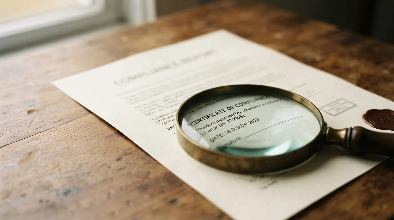 A magnifying glass rests over a printed regulatory certificate on a wooden desk.
