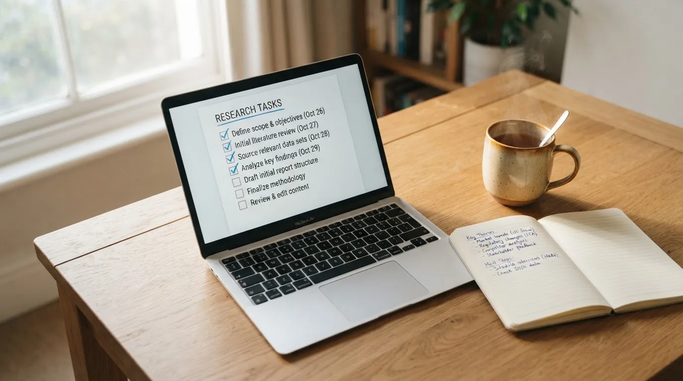 A tidy desk with a notebook, a mug of tea and a laptop open to a checklist, morning light through a window.