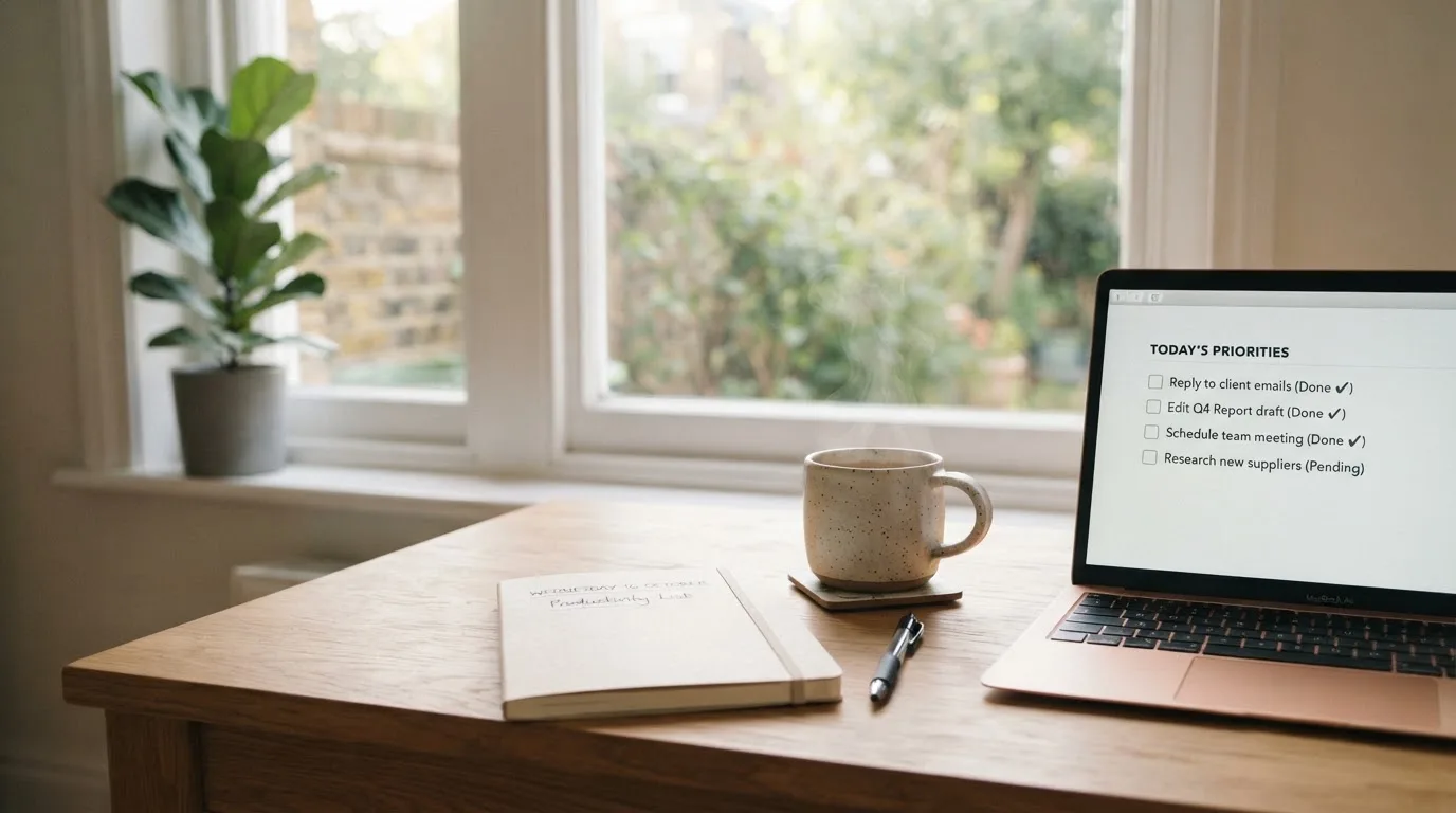 A tidy desk with a notebook, a mug of tea and a laptop open to a checklist, morning light through a window.
