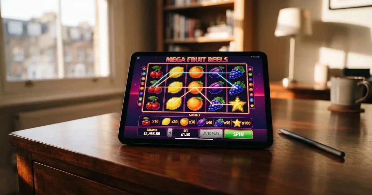 A tablet screen shows a five-reel slot grid with multiple paylines and a payout chart beside it on a desk.