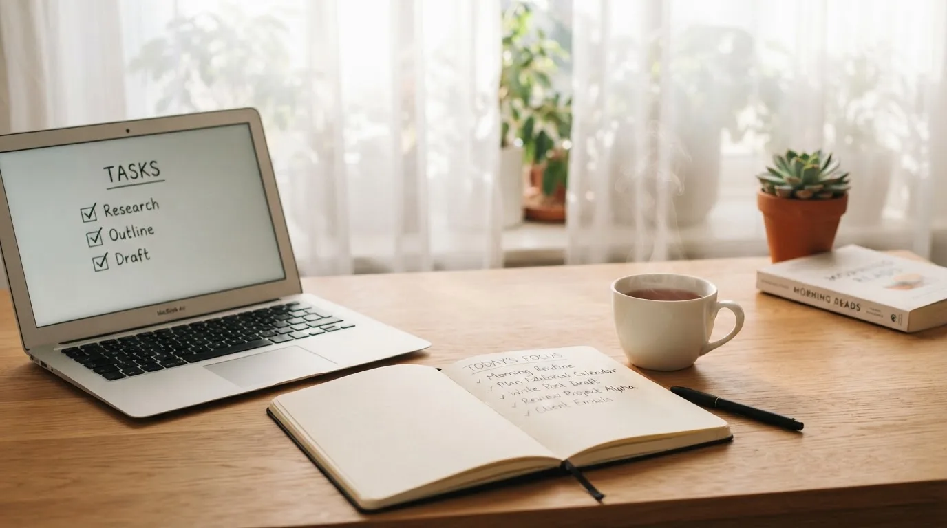 A tidy desk with a notebook, a mug of tea and a laptop open to a checklist, morning light through a window.
