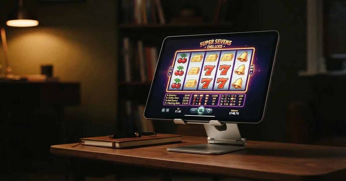 A tablet propped on a stand displays a grid of slot symbols and a payout chart in a dimly lit room.