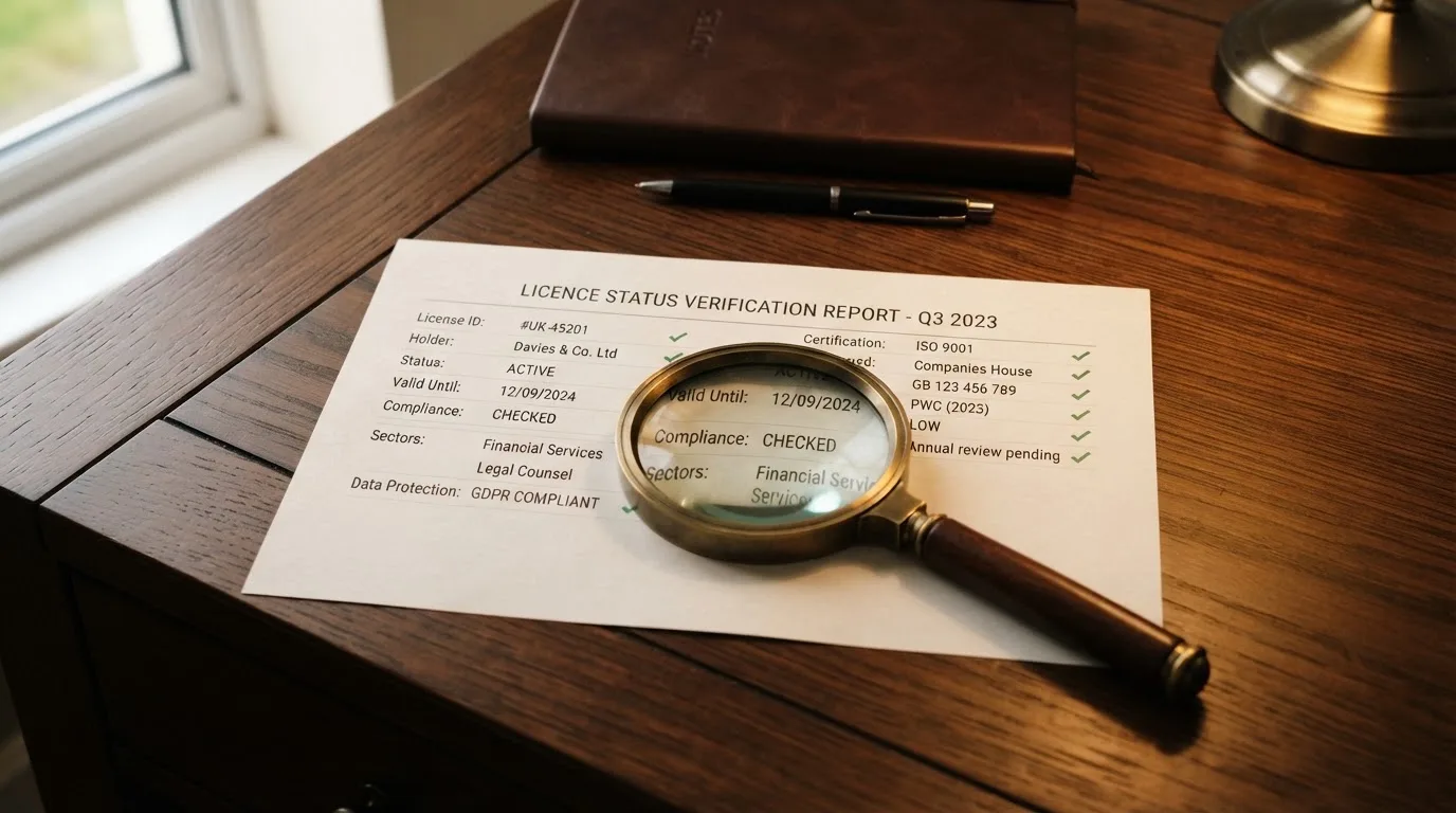 A magnifying glass rests over a printed regulatory certificate on a wooden desk.