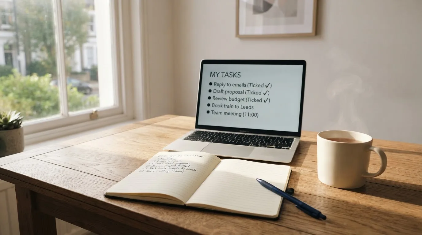 A tidy desk with a notebook, a mug of tea and a laptop open to a checklist, morning light through a window.