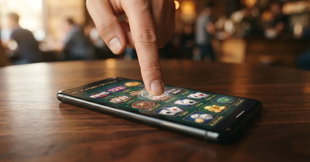 A close-up of a finger tapping a smartphone screen showing rows of casino-style app icons.