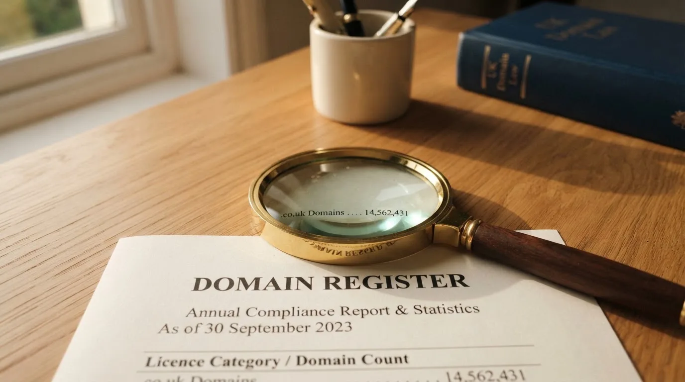 A magnifying glass rests over a printed regulatory certificate on a wooden desk.