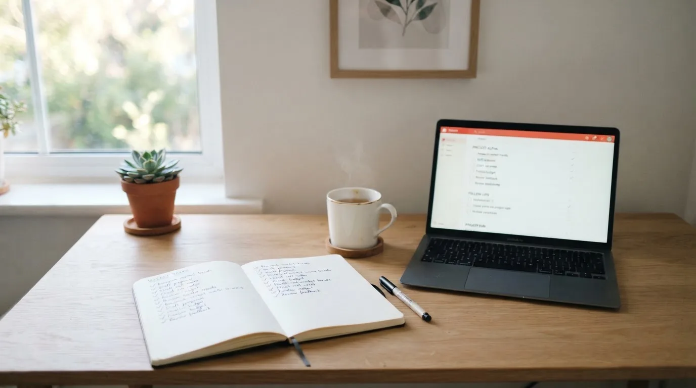 A tidy desk with a notebook, a mug of tea and a laptop open to a checklist, morning light through a window.
