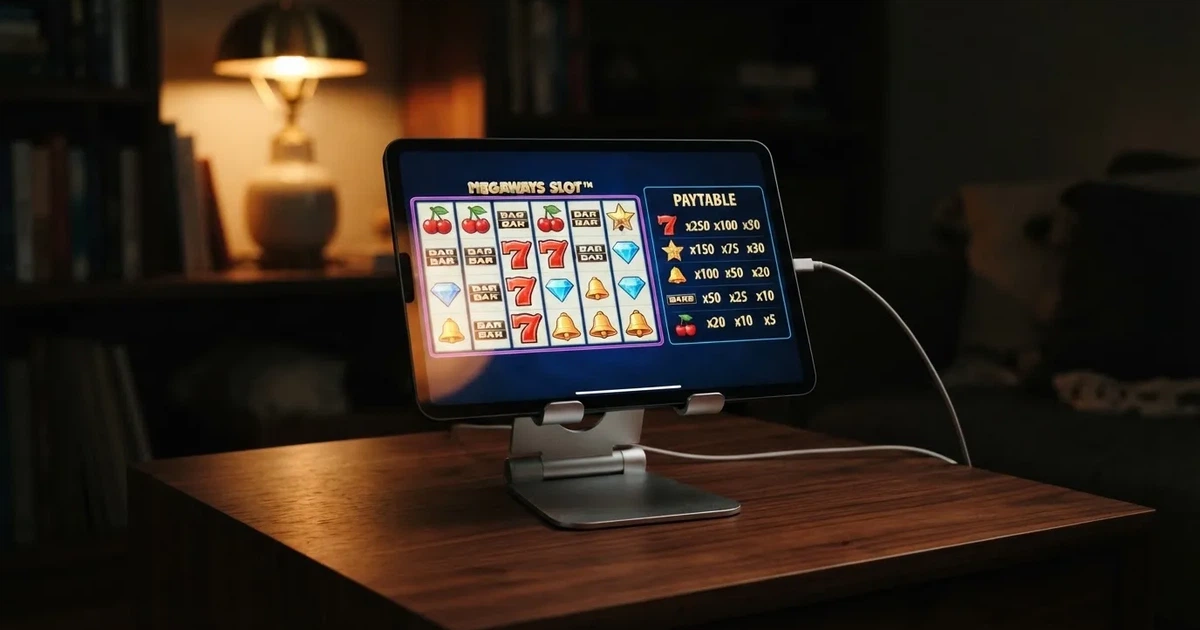 A tablet propped on a stand displays a grid of slot symbols and a payout chart in a dimly lit room.