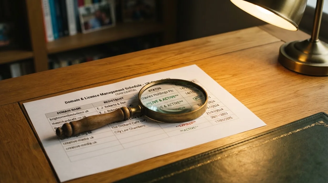 A magnifying glass rests over a printed regulatory certificate on a wooden desk.