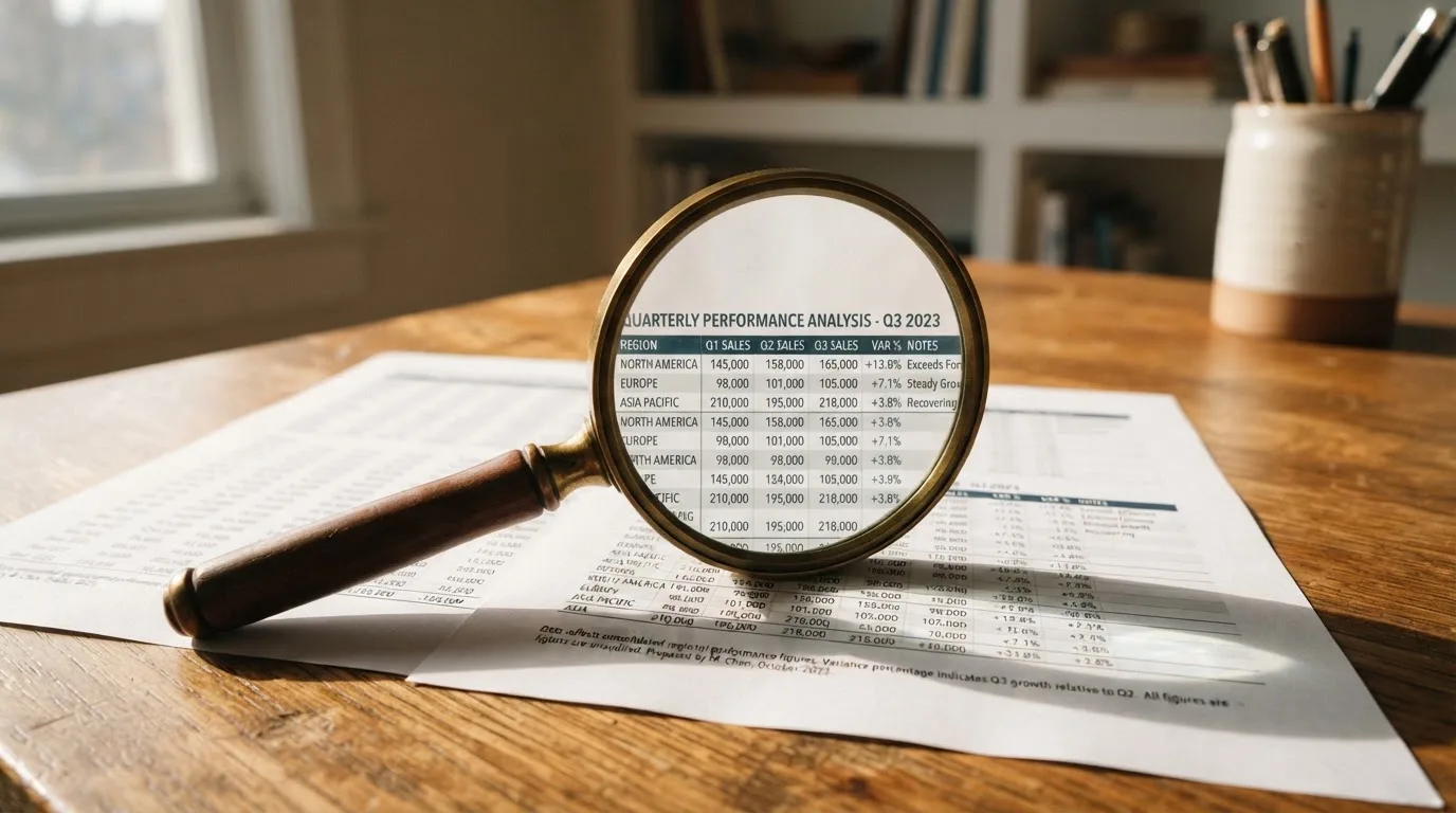 A magnifying glass rests over a printed regulatory certificate on a wooden desk.