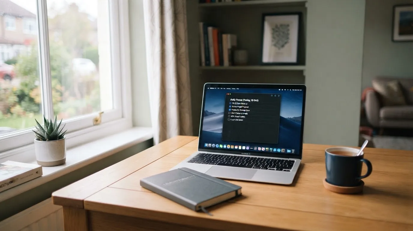 A tidy desk with a notebook, a mug of tea and a laptop open to a checklist, morning light through a window.