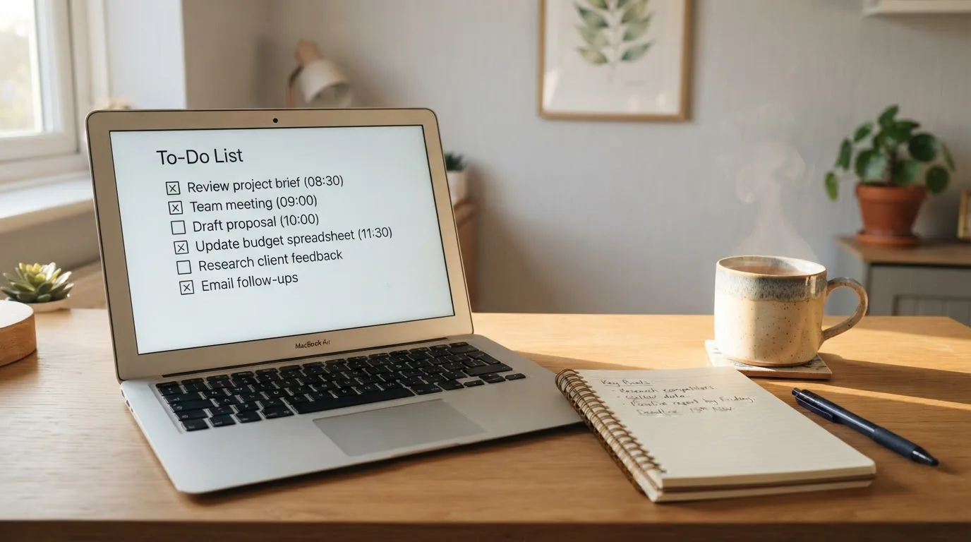 A tidy desk with a notebook, a mug of tea and a laptop open to a checklist, morning light through a window.