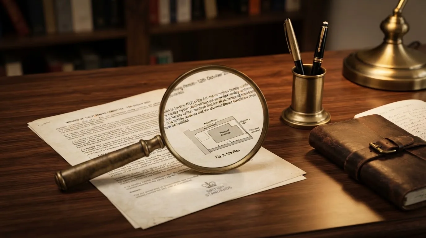 A magnifying glass rests over a printed regulatory certificate on a wooden desk.