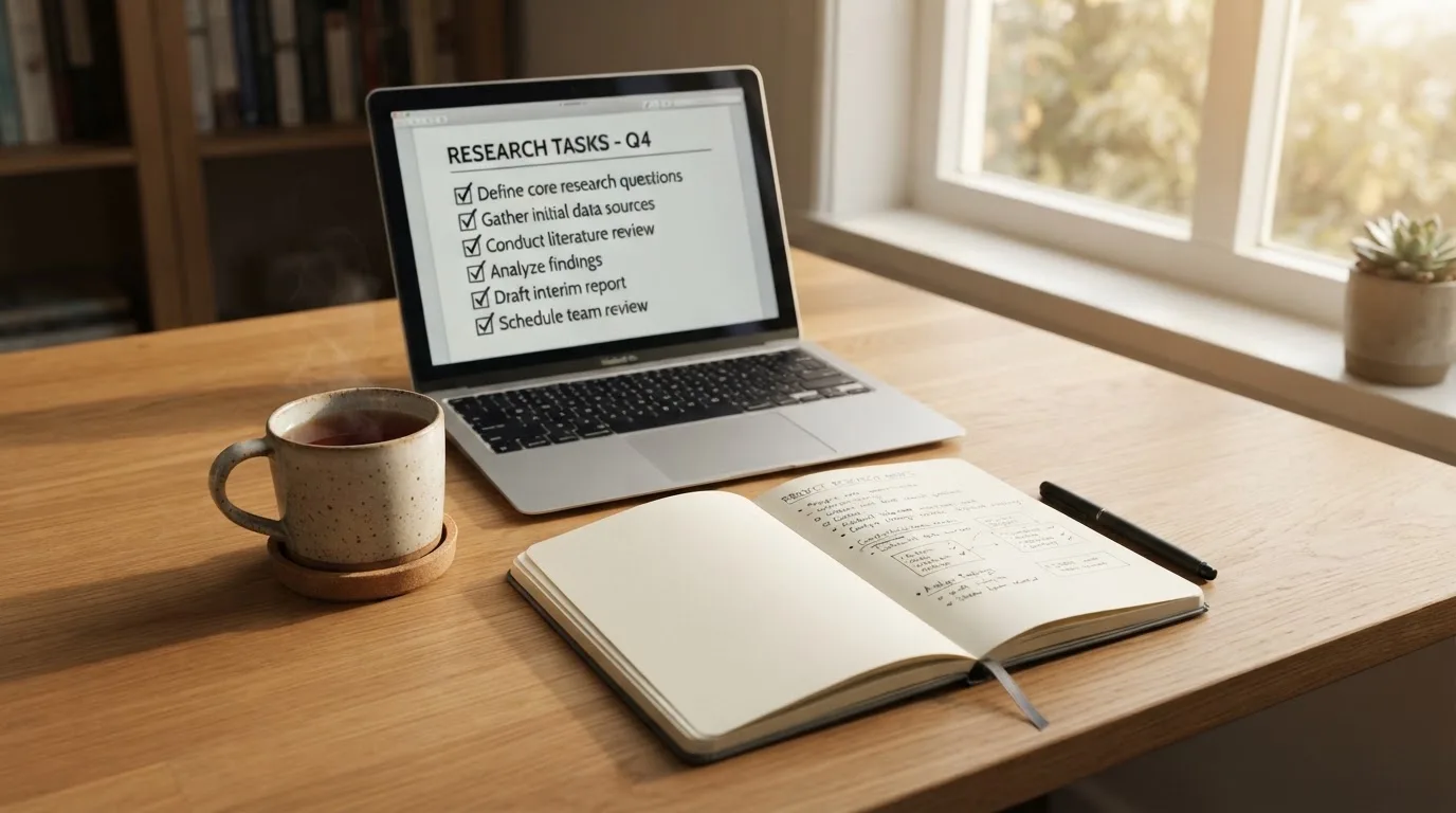 A tidy desk with a notebook, a mug of tea and a laptop open to a checklist, morning light through a window.