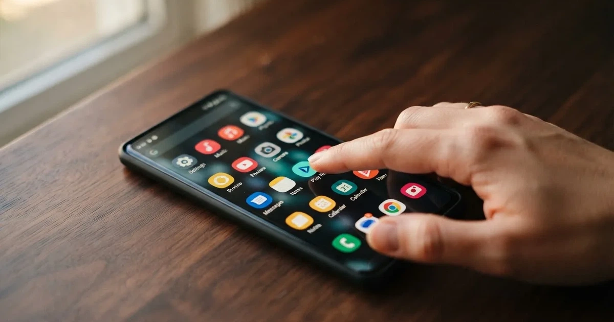 A close-up of a finger tapping a smartphone screen showing rows of app icons.