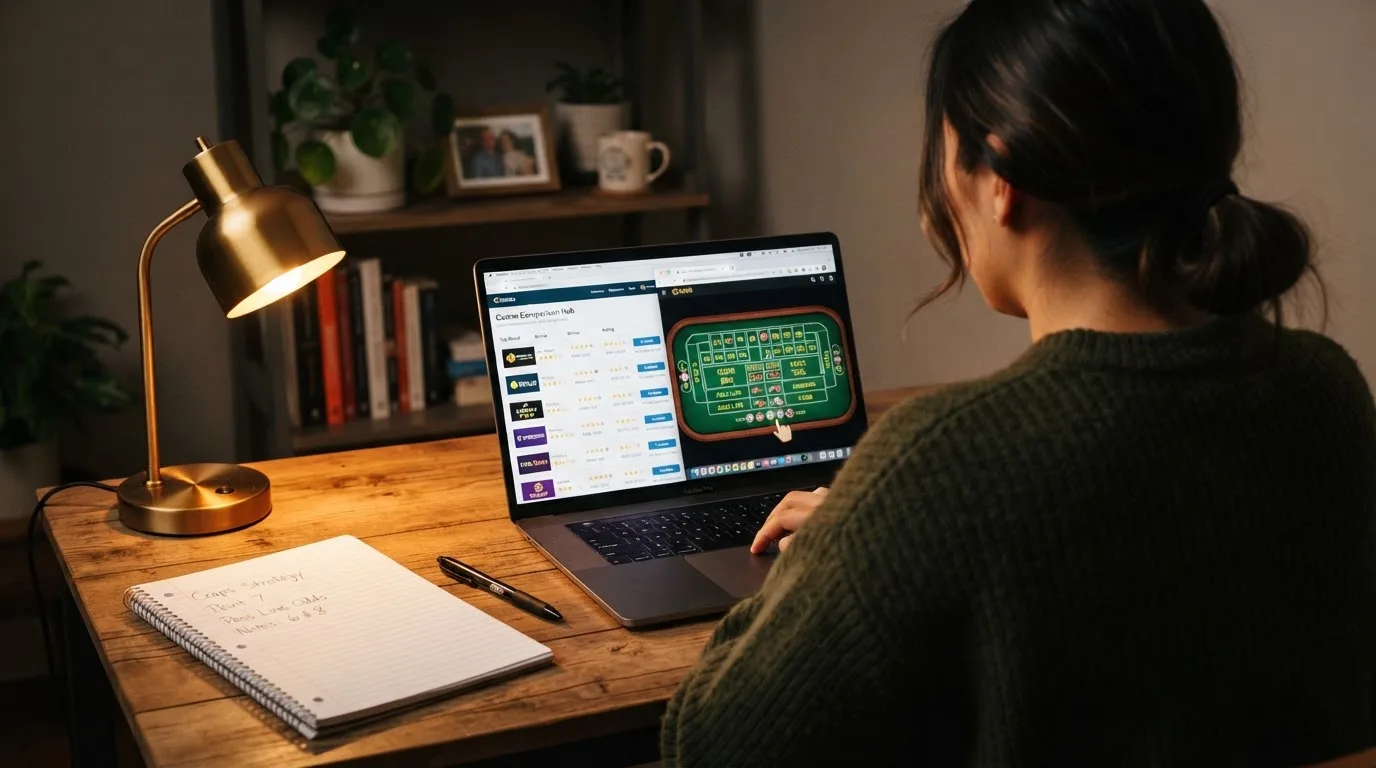 A laptop on a home desk showing a UK online casino comparison page open beside a notepad, with a craps table layout diagram on a laptop visible in a browser tab list