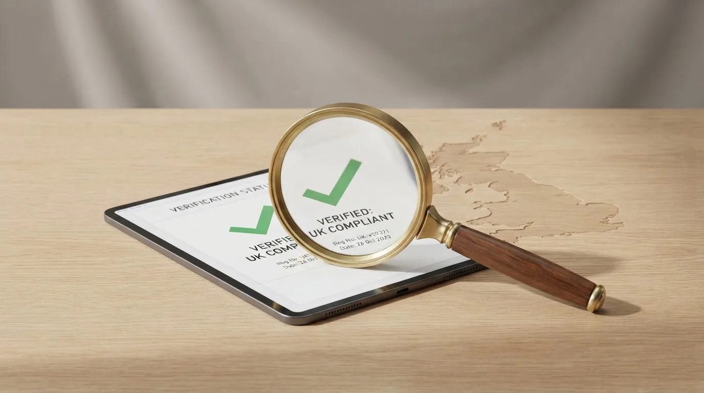 A magnifying glass held over a printed gambling licence certificate on a desk, with a UK map faintly visible in the background