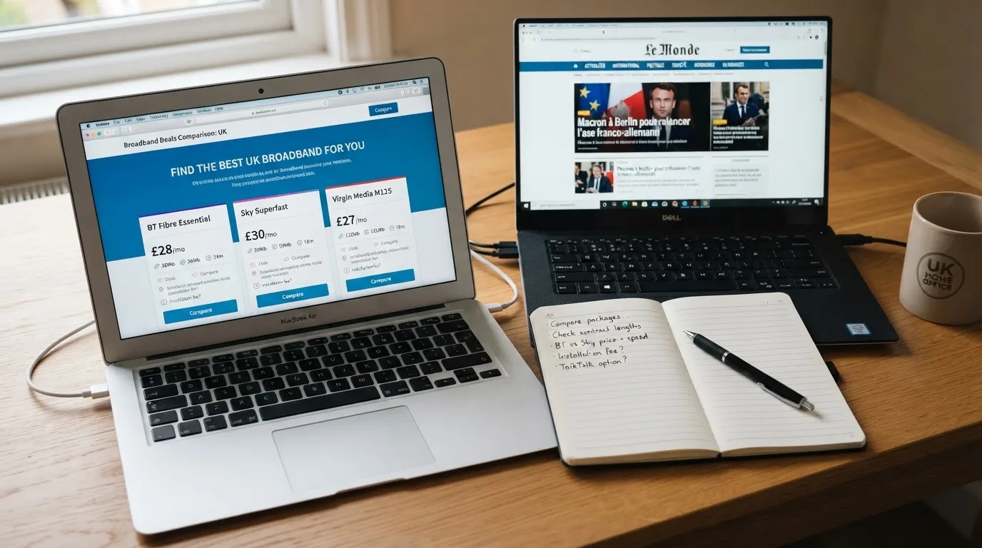 A laptop on a home desk showing a UK online casino comparison page open beside a notepad, with a laptop showing a foreign-registered website's homepage visible in a browser tab list