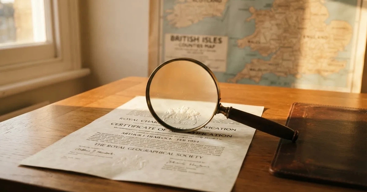 A magnifying glass held over a printed gambling licence certificate on a desk, with a UK map faintly visible in the background