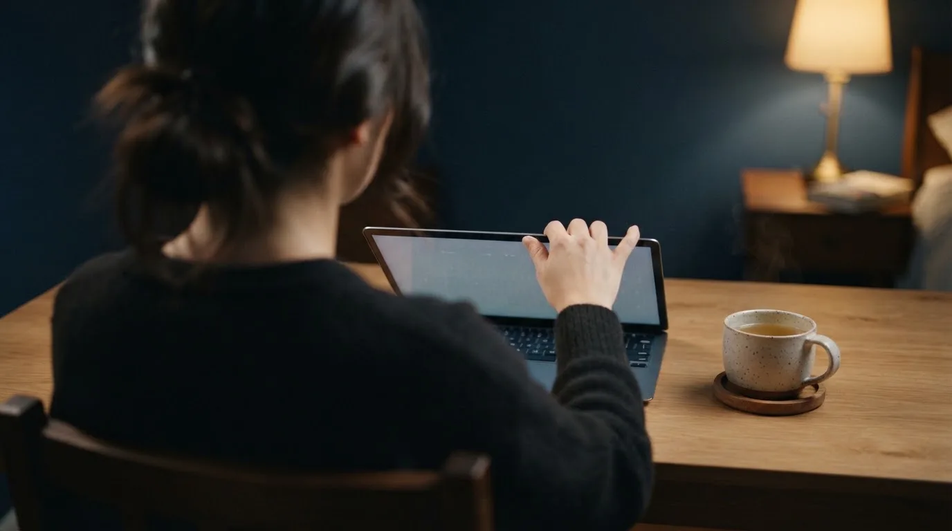 A person closing a laptop beside a cup of tea