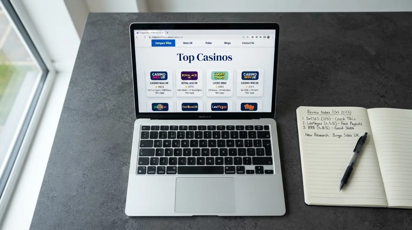 A laptop on a home desk showing a UK online casino comparison page open beside a notepad, with a laptop showing an international casino homepage in a browser visible in a browser tab list